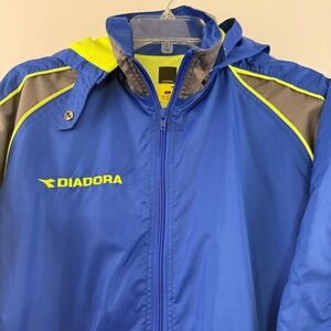 Diadora Windbreaker Jacket Kids Youth Large Blue Grey Neon Yellow  Zip Hooded